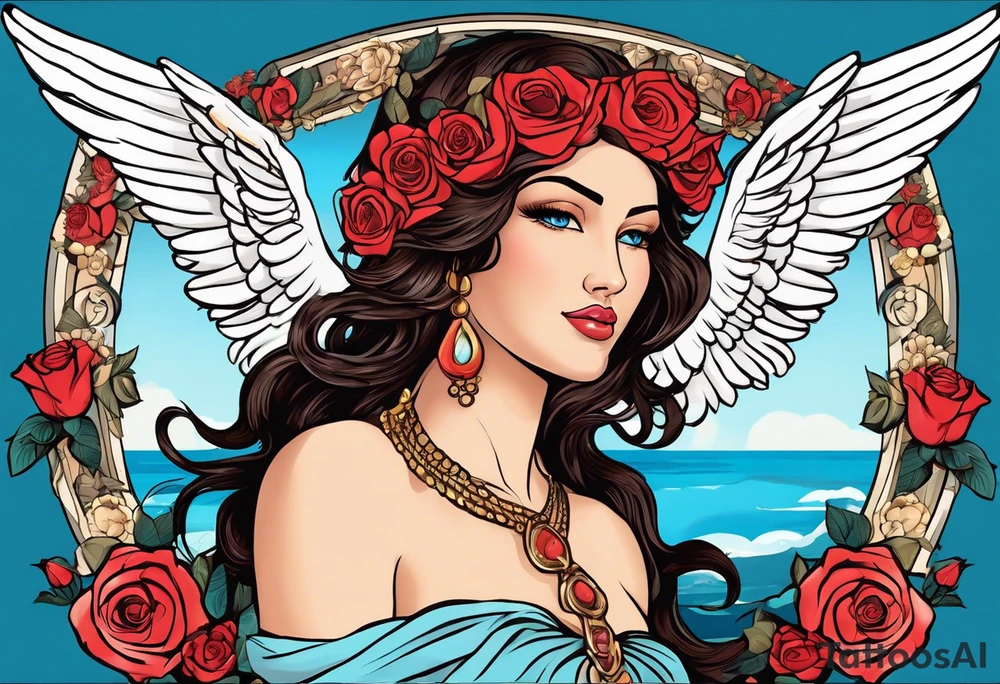 rtrait of AphroPodite: A face or full-length image of the goddess, often in a realistic style, perhaps decorated with flowers, seashells, or doves.rose, doves, shells and a mirror in his hand. background sea, blue roses frames,, romantic,background  fly boy wings and a bow, cupido tattoo idea