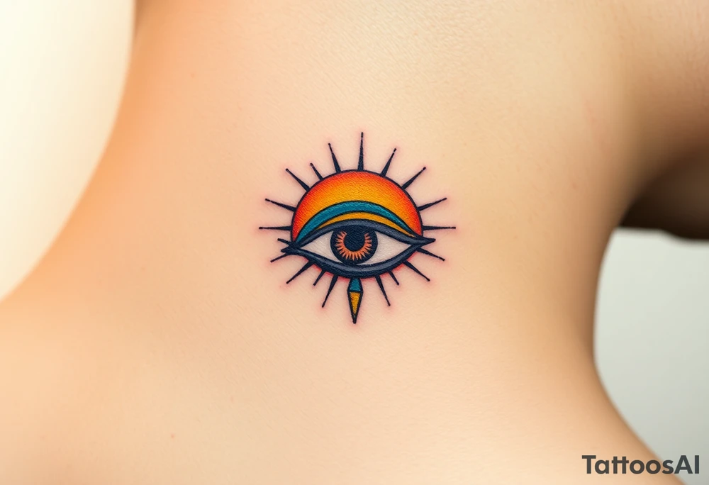An Eye of Horus with a glowing golden sun behind it, casting rays of light in soft orange and yellow hues tattoo idea