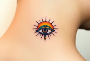 An Eye of Horus with a glowing golden sun behind it, casting rays of light in soft orange and yellow hues tattoo idea