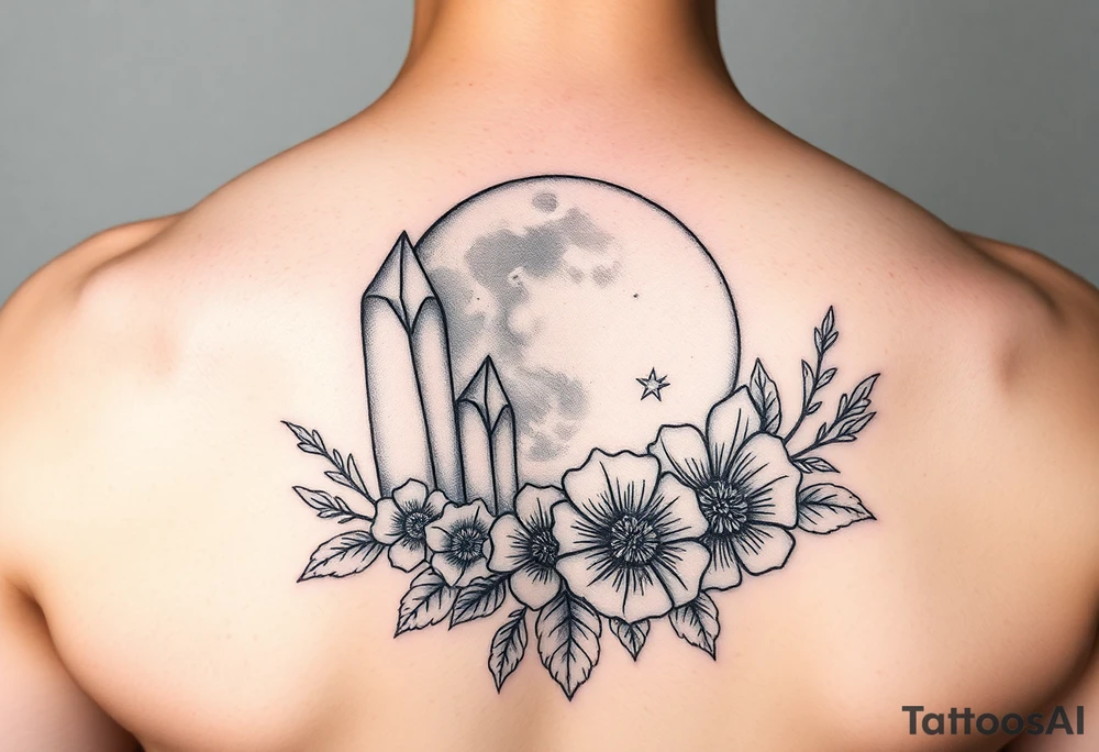 crystals and half the moon and flowers tattoo idea