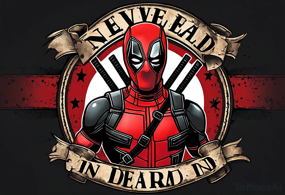Banner with Text: A worn, dark banner wraps around Deadpool with the phrase "NEVER DEAD" in bold, cracked letters that give a strong and aggressive impression. The banner has small torn details, as if it’s been through rough conditions, with shading that adds depths. tattoo idea