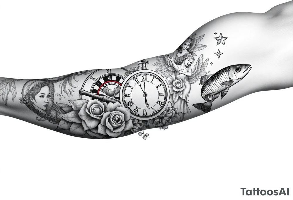 Roulette casino and princess and jesus on cross, baby angels, roses and clock and stars and fish tattoo idea