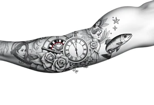 Roulette casino and princess and jesus on cross, baby angels, roses and clock and stars and fish tattoo idea