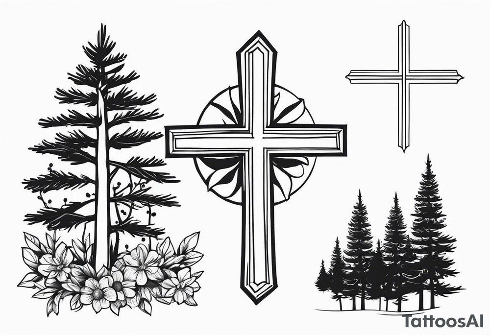 Simple cross tattoo with pine trees and flowers tattoo idea