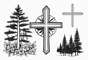 Simple cross tattoo with pine trees and flowers tattoo idea