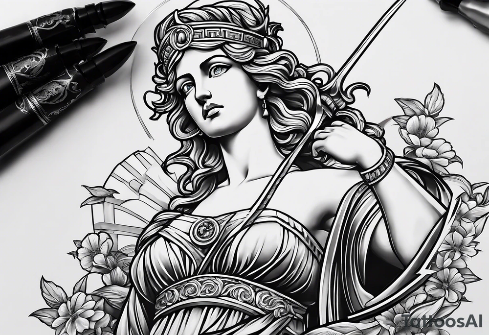 "I would like to depict Themis (Greek Goddess of Justice) cutting her own eyes with her sword." tattoo idea