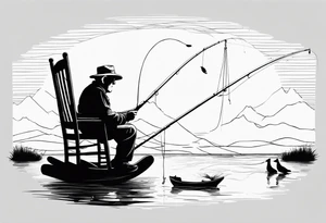 Old man fishing in a rocking chair next to water tattoo idea