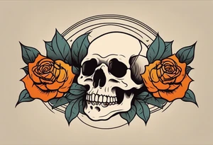 traditional Knee tattoo in fall colors showing a large skull with a rose  in the style of Jonathan Shaw tattoo idea