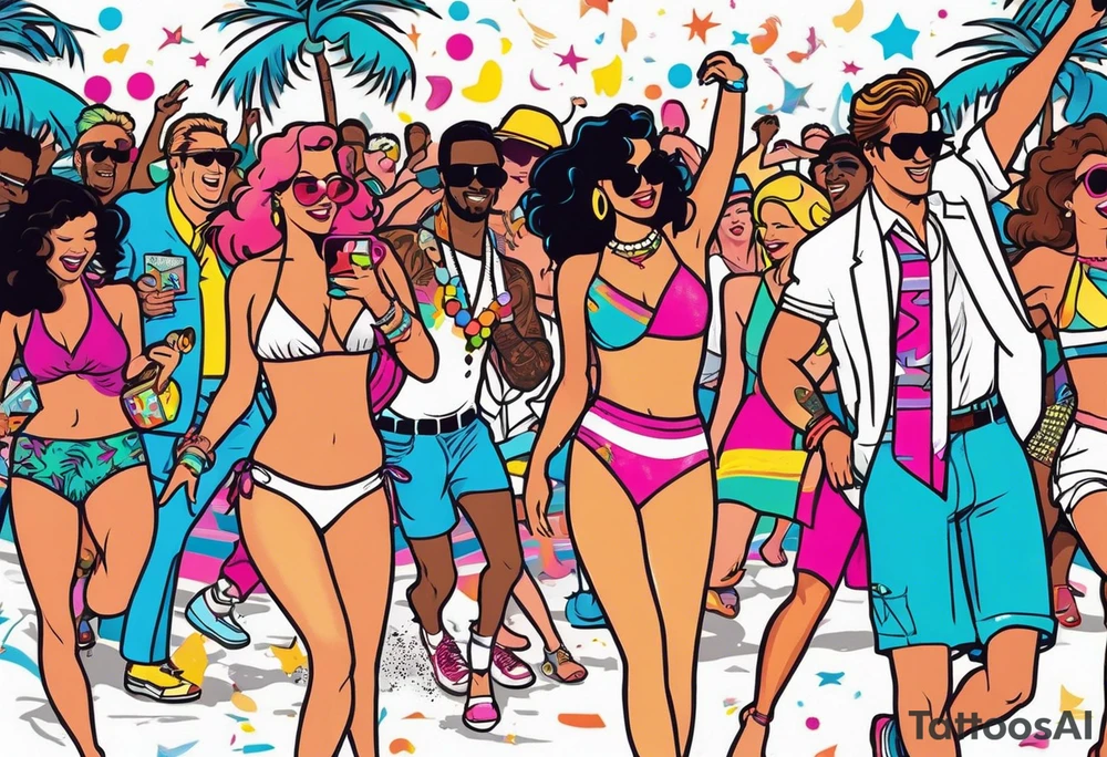 1980's miami vice style beach dance 
party, include confetti, music notes, boom box, bikinis tattoo idea