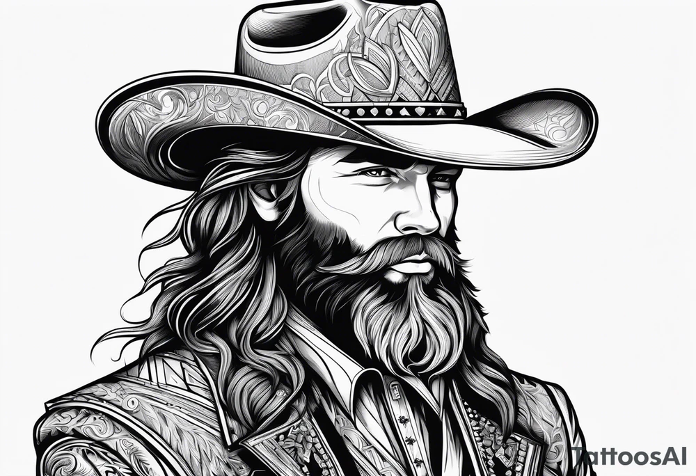 Cowboy with long hair and beard, white letters jacket tattoo idea