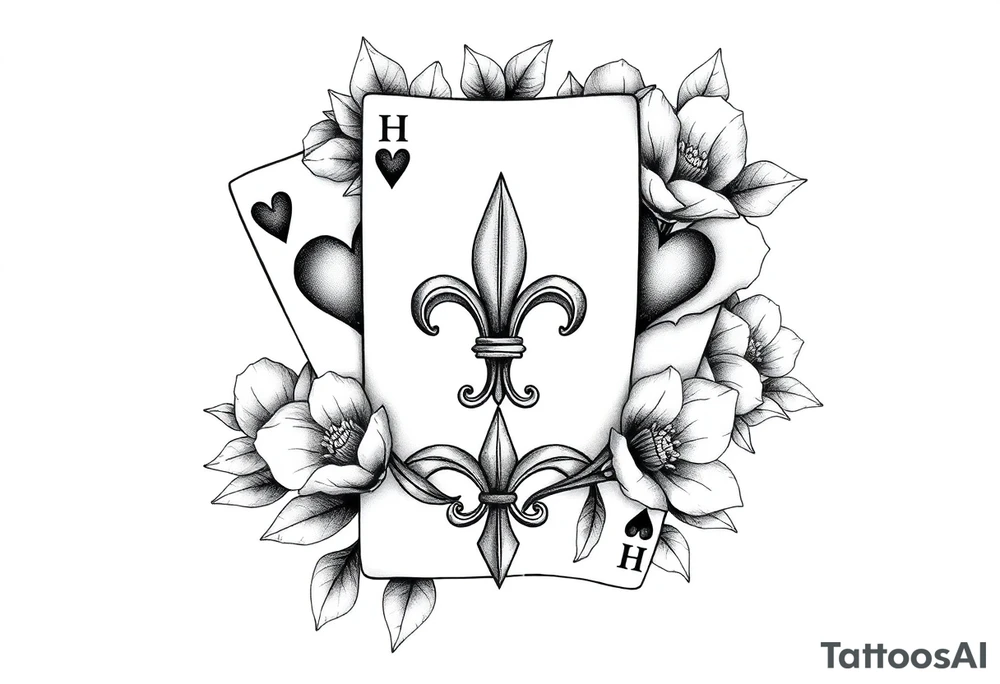 6 of hearts card with fleur de lis as the hearts and magnolias in the background tattoo idea