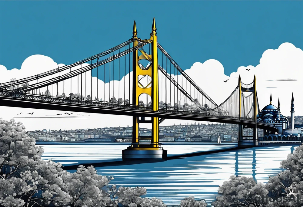Istanbul bridge with blue details and behind them a big yellow canary tattoo idea