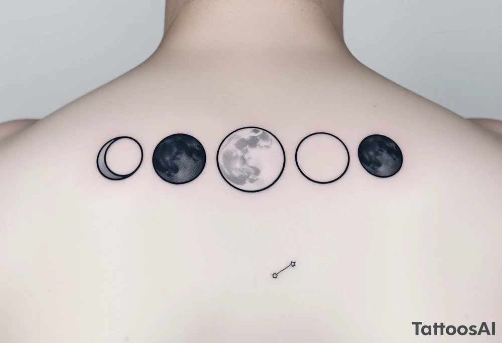 I’d like a vertical tattoo featuring five moon phases in this order: waxing crescent, third quarter, full moon, first quarter, third quarter. Behind the moons, I want the Capricorn constellation represented only by the star points—no connecting lines—arranged in the correct shape behind the moons. The style should be minimalistic, celestial, and elegant tattoo idea