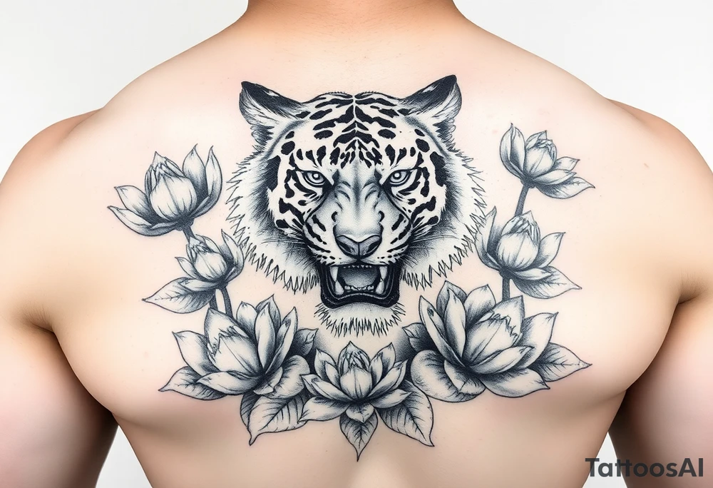 fierce tiger emerging through blooming lotus flowers in mist tattoo idea