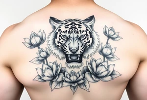 fierce tiger emerging through blooming lotus flowers in mist tattoo idea