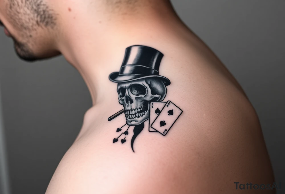 skull with top-hat,cigar in his mouth and playing cards. tattoo idea