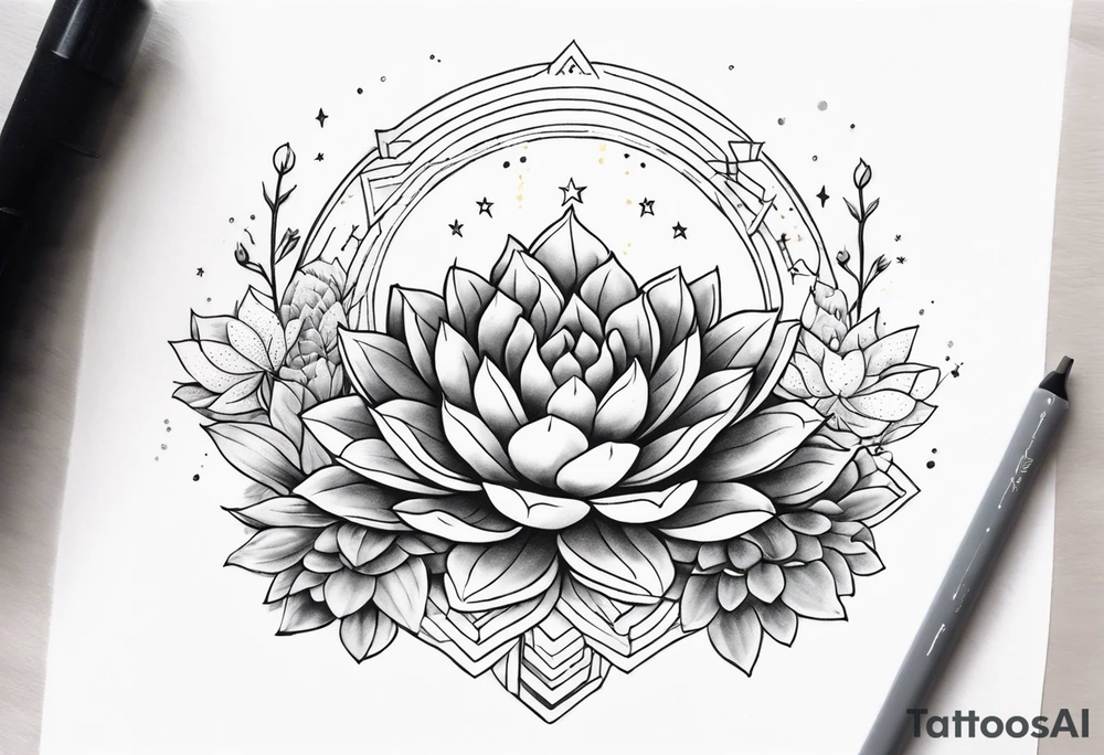 fine line with sun, stars, floral, dots, three succulents
. Sternum tattoo grey scale shading tattoo idea