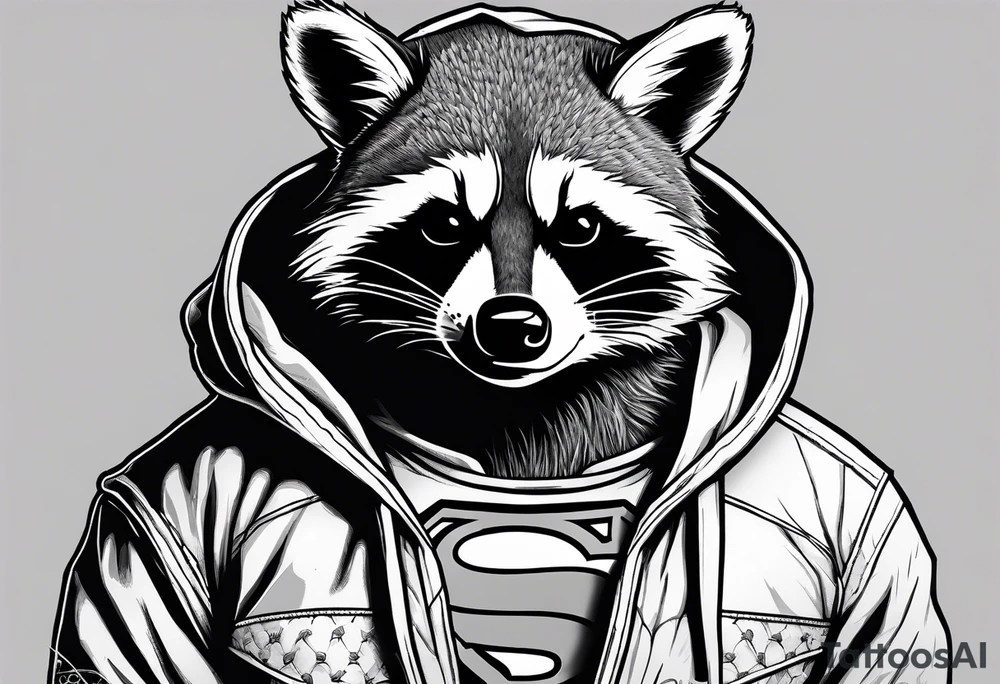 raccoon wearing a Superman hoodie tattoo idea