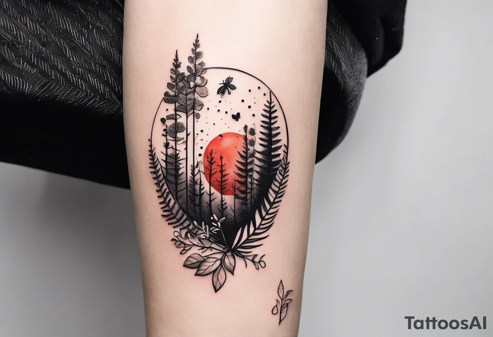 forest floor inspired minimalist tattoo, which includes grass, curly ferns and dead leaves as the bulk of the tattoo. details to include: three very tiny strawberries, a tiny bumblebee flying nearby, three small brown mushrooms
Generate a vertically long one tattoo idea