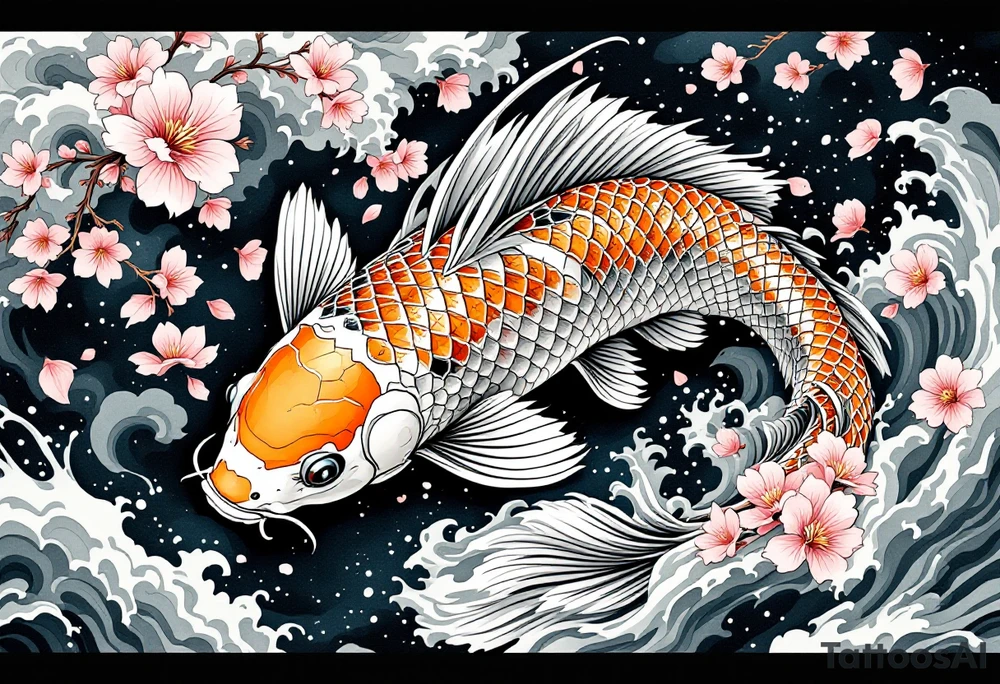 Koi carp swimming upstream through swirling water and cherry blossom petals – A strong, elegantly detailed koi with shimmering orange, white, and black scales, leaping against a backdrop of deep blue waves. Surrounding the koi are soft pink cherry blossoms drifting in the current, and gray mist clouds curling around the water for a dynamic, powerful composition. tattoo idea