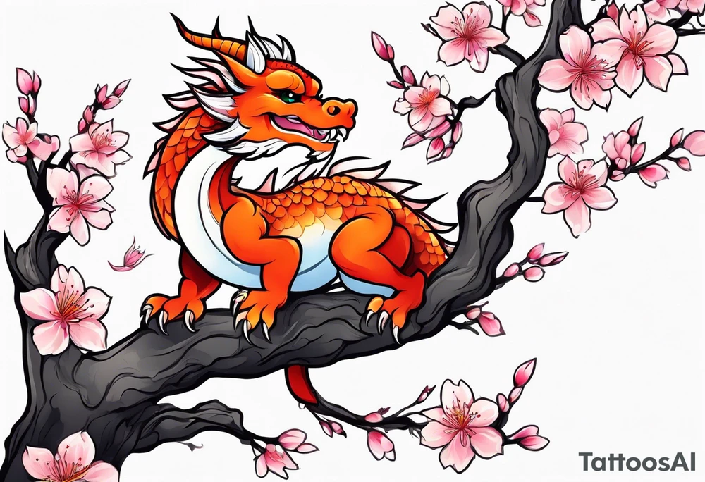 Single cherry blossom branch with small animated cute dragon tattoo idea