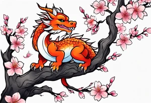 Single cherry blossom branch with small animated cute dragon tattoo idea