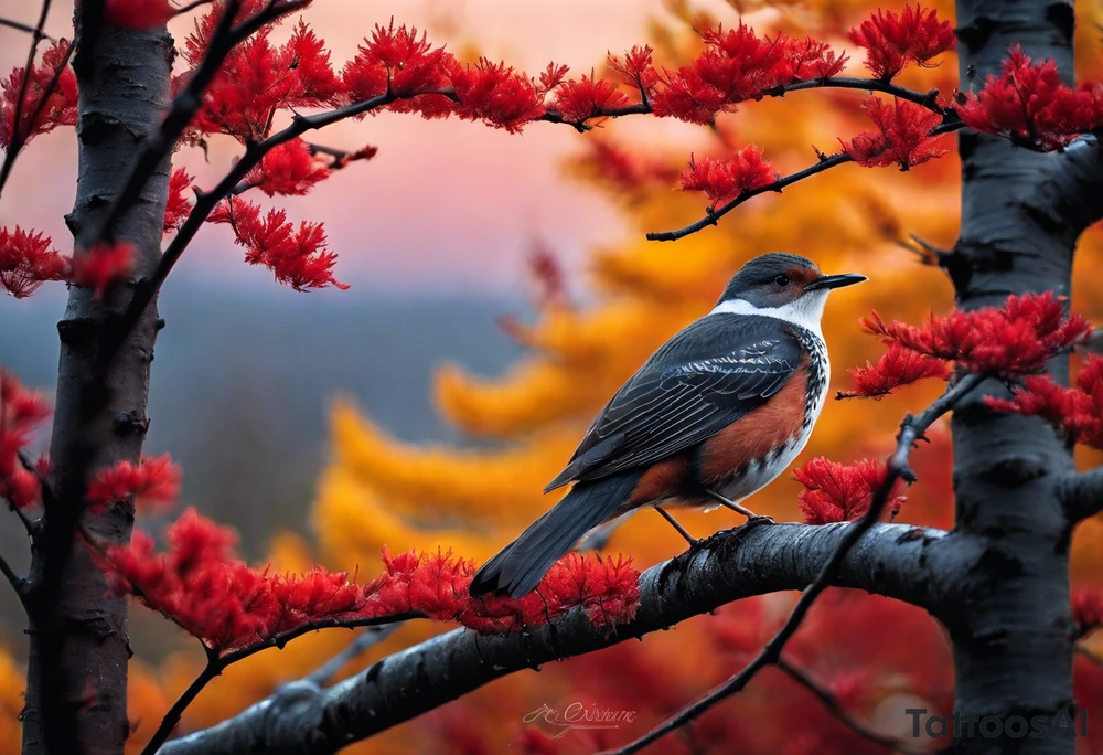 Arm tattoo. Long tattoo. Full sleeve. Shoulder. A single large maple tree with red autumn leaves that branches upwards from wrist to shoulder. White-throated dipper bird on the trees branches. Calluna flowers at the base of the trees stem. Tree stem has dark colors. Red/yellow sunset behind the trees stem. Leaves falling. tattoo idea