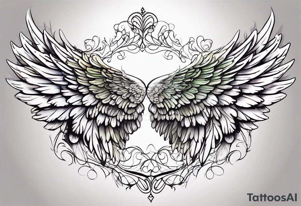beautiful angel wings. with flilgree in the background tattoo idea