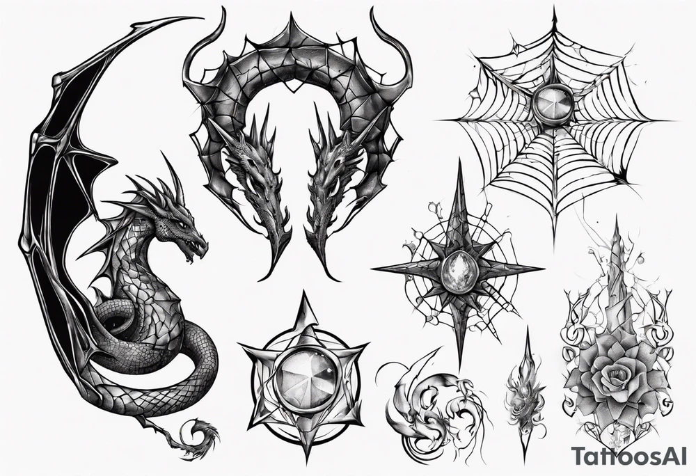 Dragon spiral spiderweb shattered chalices jewels and unicorn horn tattoo idea