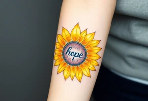 A radiant sunflower with golden-yellow petals, its center detailed with intricate spirals and word "hope", symbolizing resilience and joy tattoo idea