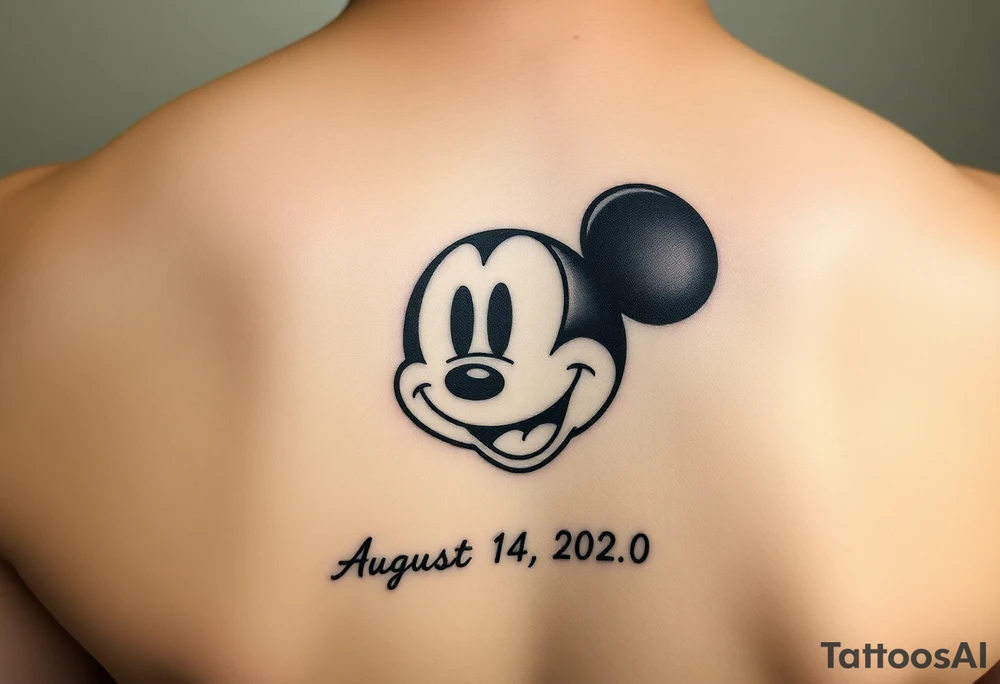 mickey mouse symbol with the name Galileo and the date August 14,2020, incorporated tattoo idea