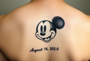 mickey mouse symbol with the name Galileo and the date August 14,2020, incorporated tattoo idea