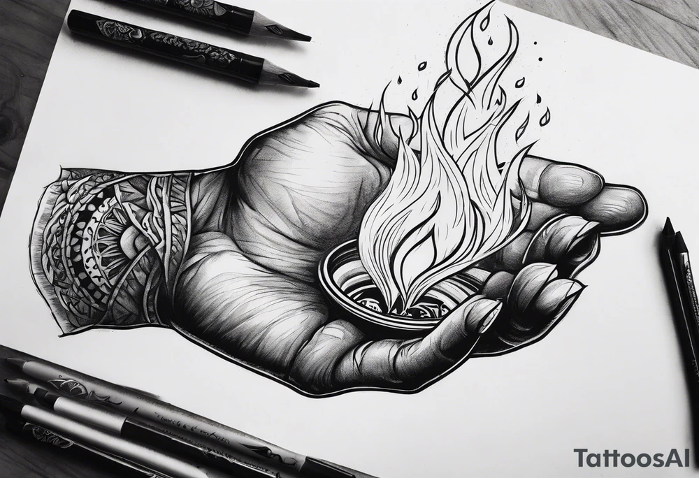 A hand holding fire tattoo idea