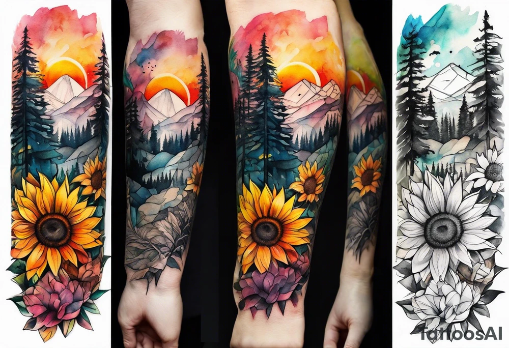 Watercolor inside arm tattoo, 4 inches. Black kite (Daya's name), nature (trees/flowers), rock/metal vibe (bold lines), sunflower. Bright colors! tattoo idea