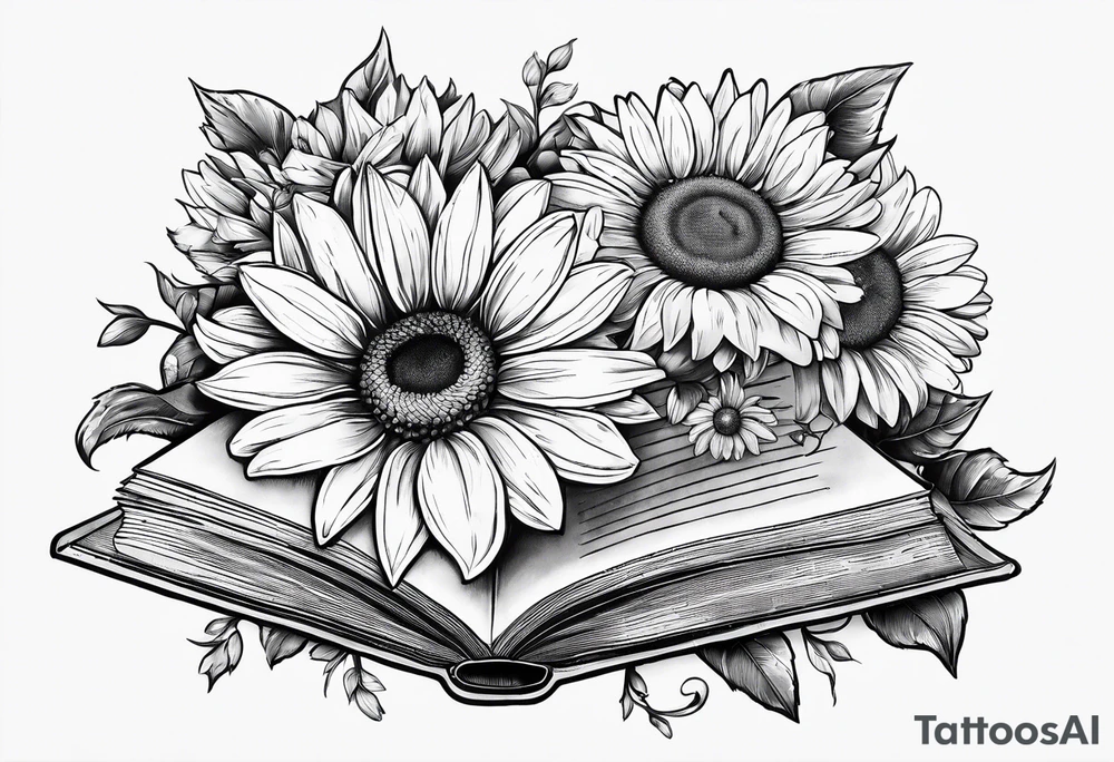 open book with daisies and a sunflower tattoo idea