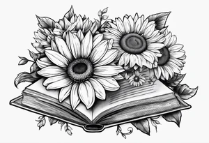 open book with daisies and a sunflower tattoo idea