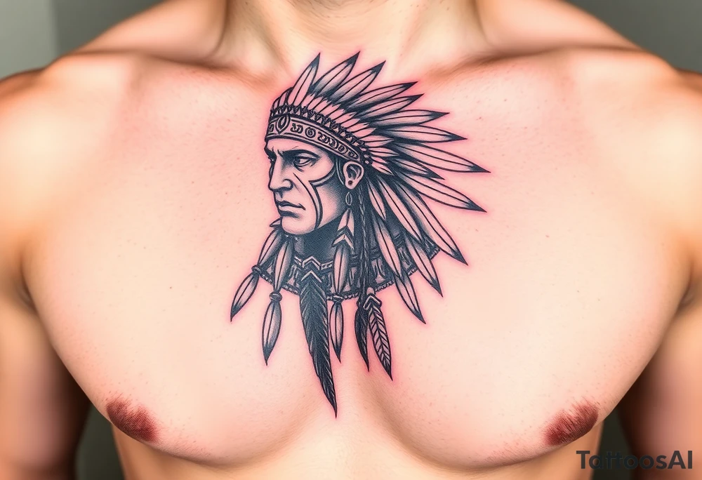 Indian warrior black and red on left chest male tattoo idea