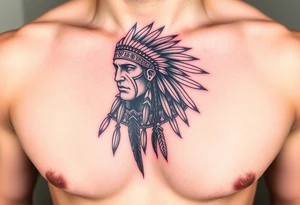 Indian warrior black and red on left chest male tattoo idea
