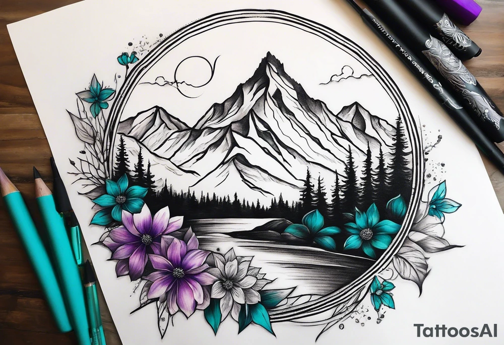 I’d like a half sleeve tattoo on my shoulder. It features a mountain range, with a compass rose rising up from behind the mountain like a sunrise. In front of the mountains, there are purple and teal flowers. tattoo idea