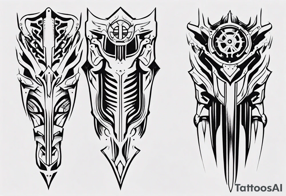 Leg armor mechanical symmetrical tattoo idea