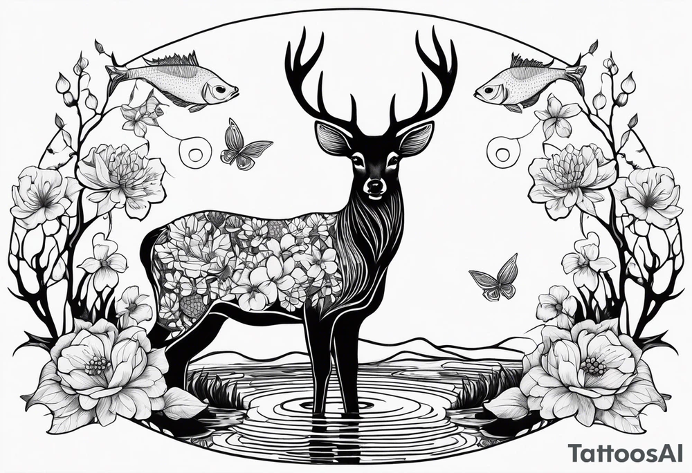 Deer with pond and fish background dogwood flowers tattoo idea