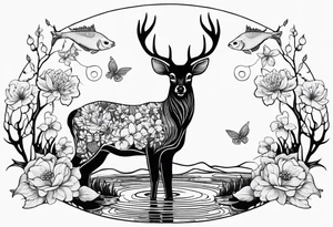 Deer with pond and fish background dogwood flowers tattoo idea