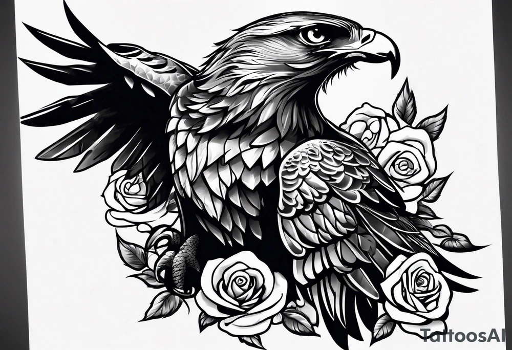 Hawk with rose in mouth flying down on a tombstone tattoo idea