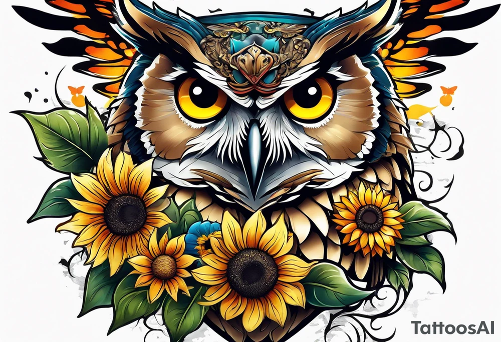 Sleeve with a owl sunflower and butterfly tattoo idea