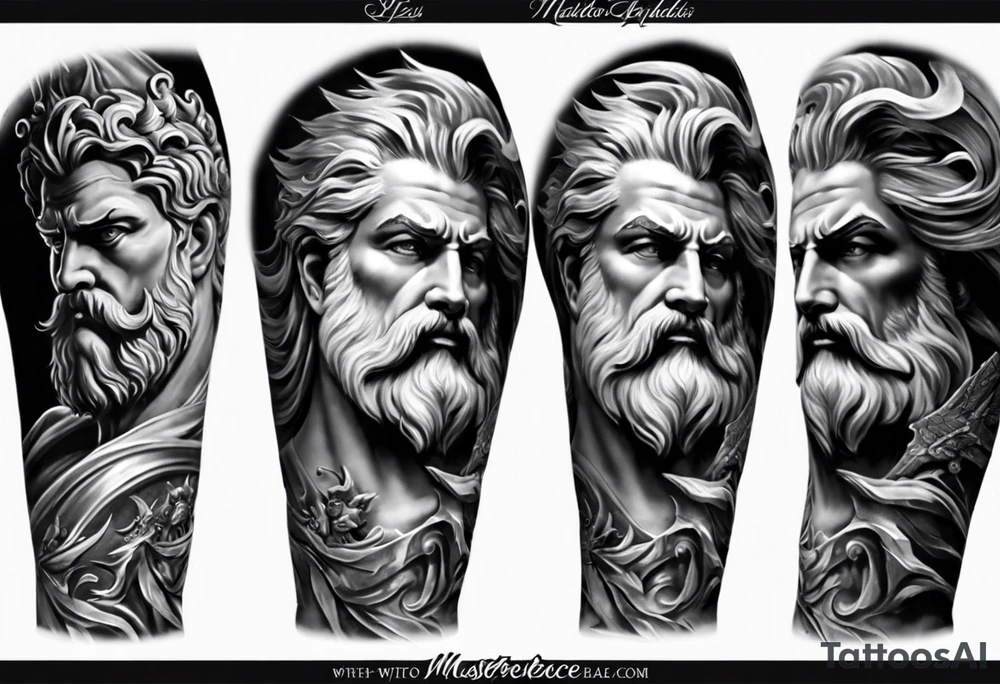 Full left arm tattoo sleeve with Zeus, Poseidon and Hades. Zeus is at the left shoulder, Poseidon is at the left upper arm and Hades is at the left forearm. tattoo idea