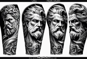 Full left arm tattoo sleeve with Zeus, Poseidon and Hades. Zeus is at the left shoulder, Poseidon is at the left upper arm and Hades is at the left forearm. tattoo idea