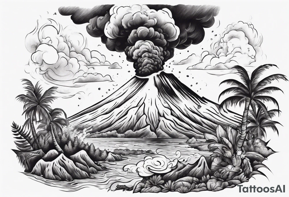 A man battling an erupting volcano on a tropical island tattoo idea