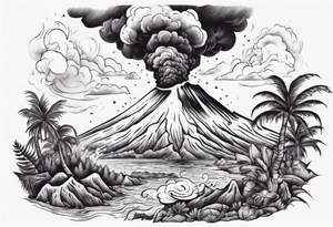 A man battling an erupting volcano on a tropical island tattoo idea