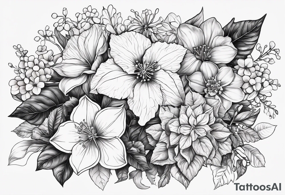 Hydrangea, Narcissus, Poinsettia, Holly, Gladiolus, Poppy, Daisy, Sweet Pea floral tattoo idea