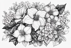 Hydrangea, Narcissus, Poinsettia, Holly, Gladiolus, Poppy, Daisy, Sweet Pea floral tattoo idea
